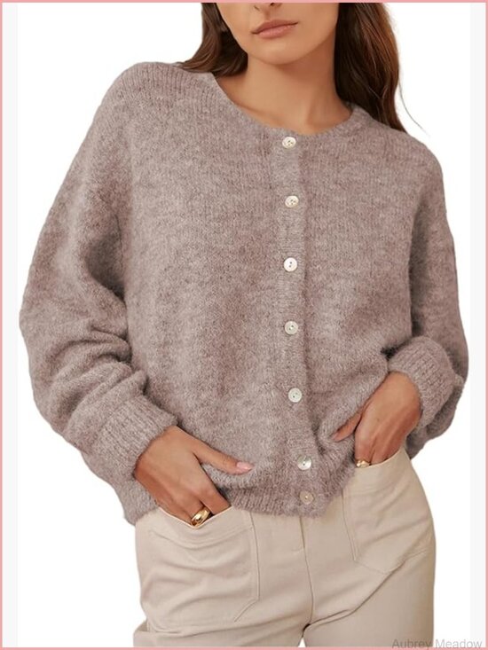 Sweaters - Women's Long Sleeve Cardigan Sweater Front Button Loose Fit Y2K Knit Crewneck